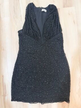 Oh Polly Black Beaded V-Neck Women's Dress
